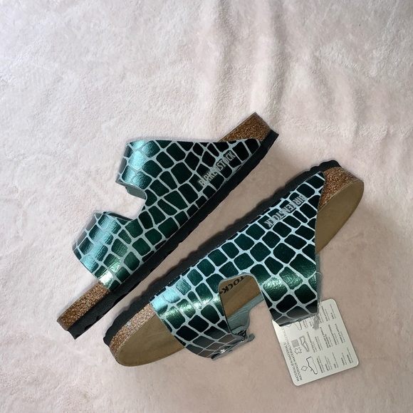 Birkenstock Shoes - Birkenstock Arizona slides Sandals metallic croc print green size euro 37 new